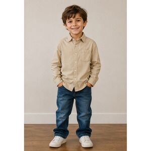 Spring & Gege Button Down Shirt Kids Large Tan Long Sleeve Cotton Classic Pocket